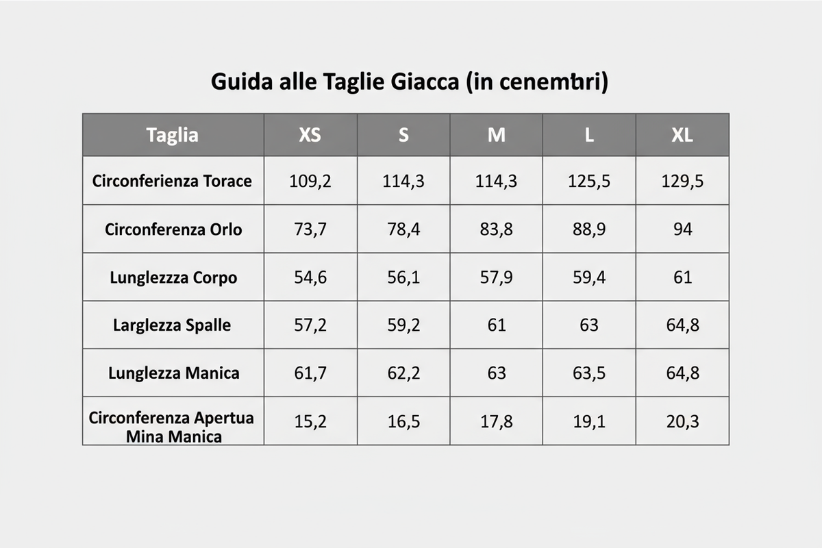Guida alle Taglie Giacca (in centimetri)
Taglia XS S M L XL
Circonferenza Torace 109,2 114,3 119,4 125,5 129,5
Circonferenza Orlo 73,7 78,4 83,8 88,9 94
Lunghezza Corpo 54,6 56,1 57,9 59,4 61
Larghezza Spalle 57,2 59,2 61 63 64,8
Lunghezza Manica 61,7 62,2 63 63,5 64,3
Circonferenza Apertura Manica 15,2 16,5 17,8 19,1 20,3