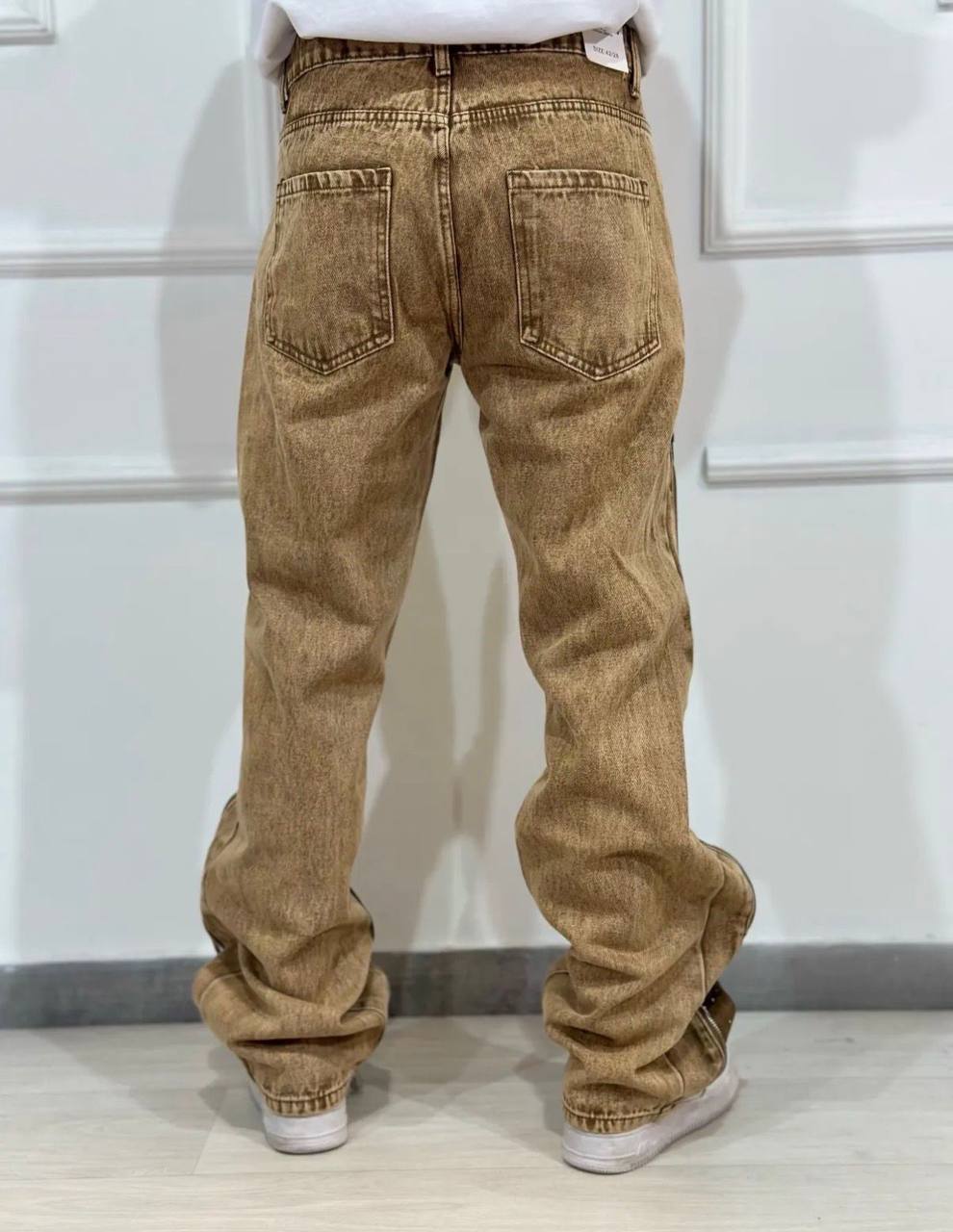 Jeans Beige Vintage con Zip e Strass