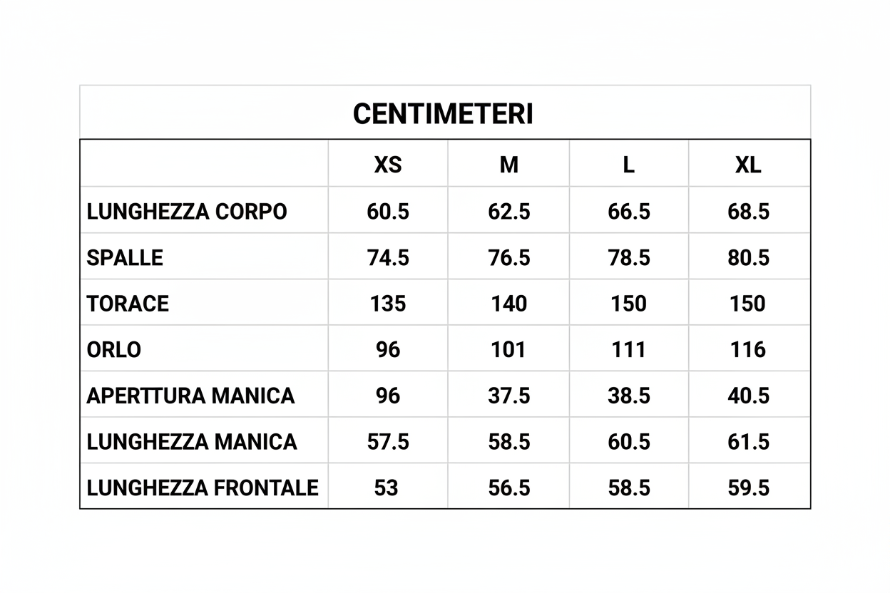 CENTIMETRI  XS  S  M  L  XL
LUNGHEZZA CORPO  60,5  62,5  64  66,5  68,5
SPALLE  72,5  74,5  76,5  78,5  80,5
TORACE  135  140  145  150  155
ORLO  96  101  106  111  116
APERTURA MANICA  36,5  37,5  38,5  39,5  40,5
LUNGHEZZA MANICA  57,5  58,5  59,5  60,5  61,5
LUNGHEZZA FRONTALE  53  54,5  56,5  58  59,5