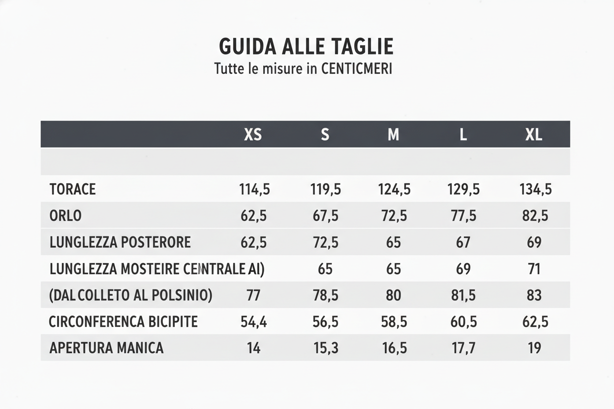 CENTIMETRI  XS  S  M  L  XL
TORACE  114,5  119,5  124,5  129,5  134,5
ORLO  62,5  67,5  72,5  77,5  82,5
LUNGHEZZA POSTERIORE CENTRALE  63  65  67  69  71
LUNGHEZZA MANICA (DAL COLLETTO AL POLSINO)  77  78,5  80  81,5  83
CIRCONFERENZA BICIPITE  54,4  56,5  58,5  60,5  62,5
APERTURA MANICA  14  15,3  16,5  17,7  19