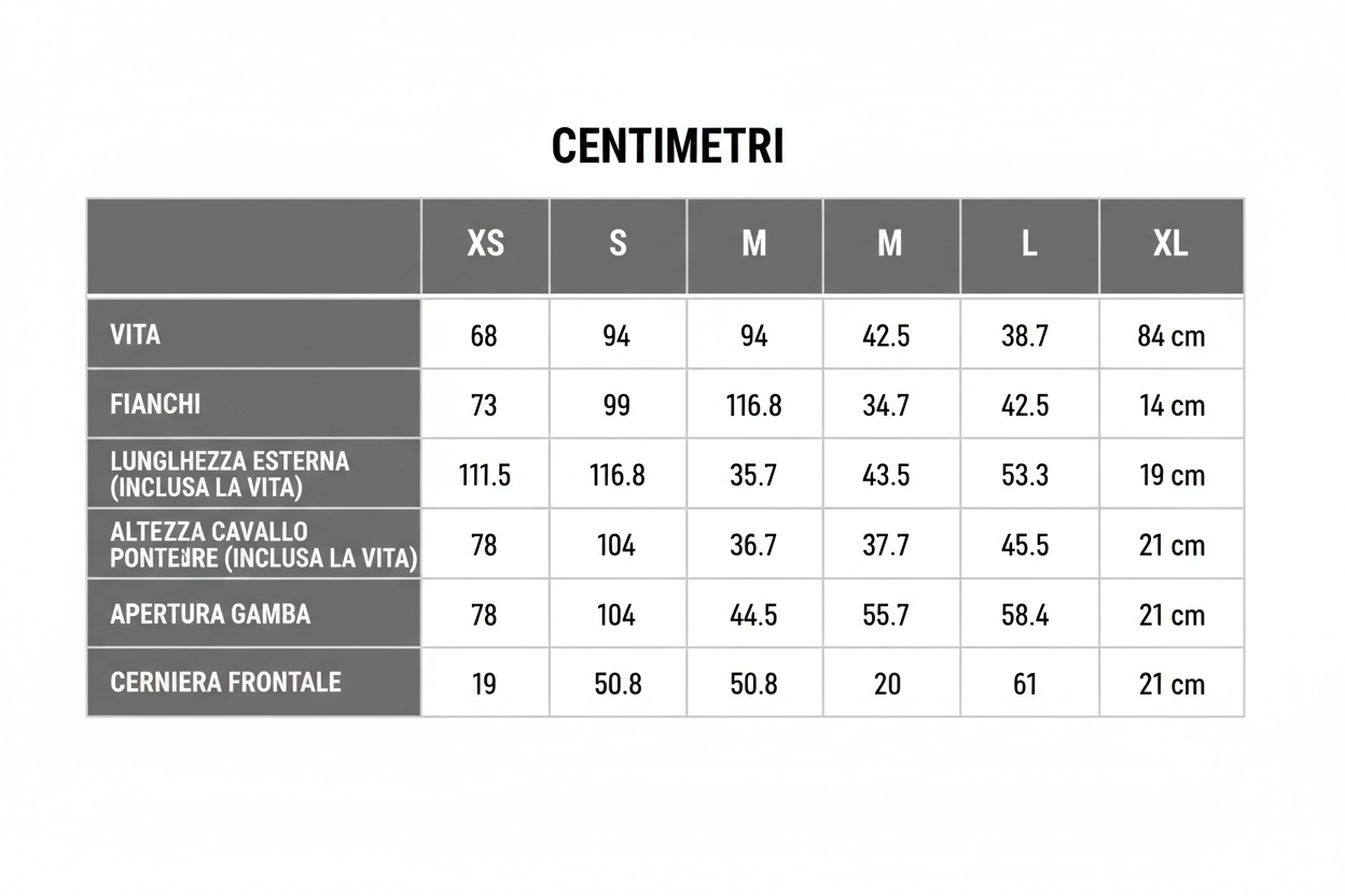 CENTIMETRI  XS  S  M  L  XL
VITA  68  73  78  83  88
FIANCHI  94  99  104  109  114
LUNGHEZZA ESTERNA (INCLUSA LA VITA)  111,5  116,8  118  119,3  114
ALTEZZA CAVALLO ANTERIORE (INCLUSA LA VITA)  34,7  35,7  36,7  37,7  38,7
ALTEZZA CAVALLO POSTERIORE (INCLUSA LA VITA)  42,5  43,5  44,5  45,5  46,5
APERTURA GAMBA  50,8  53,3  55,7  58,4  61
CERNIERA FRONTALE  19  19,6  20,3  21  21,6