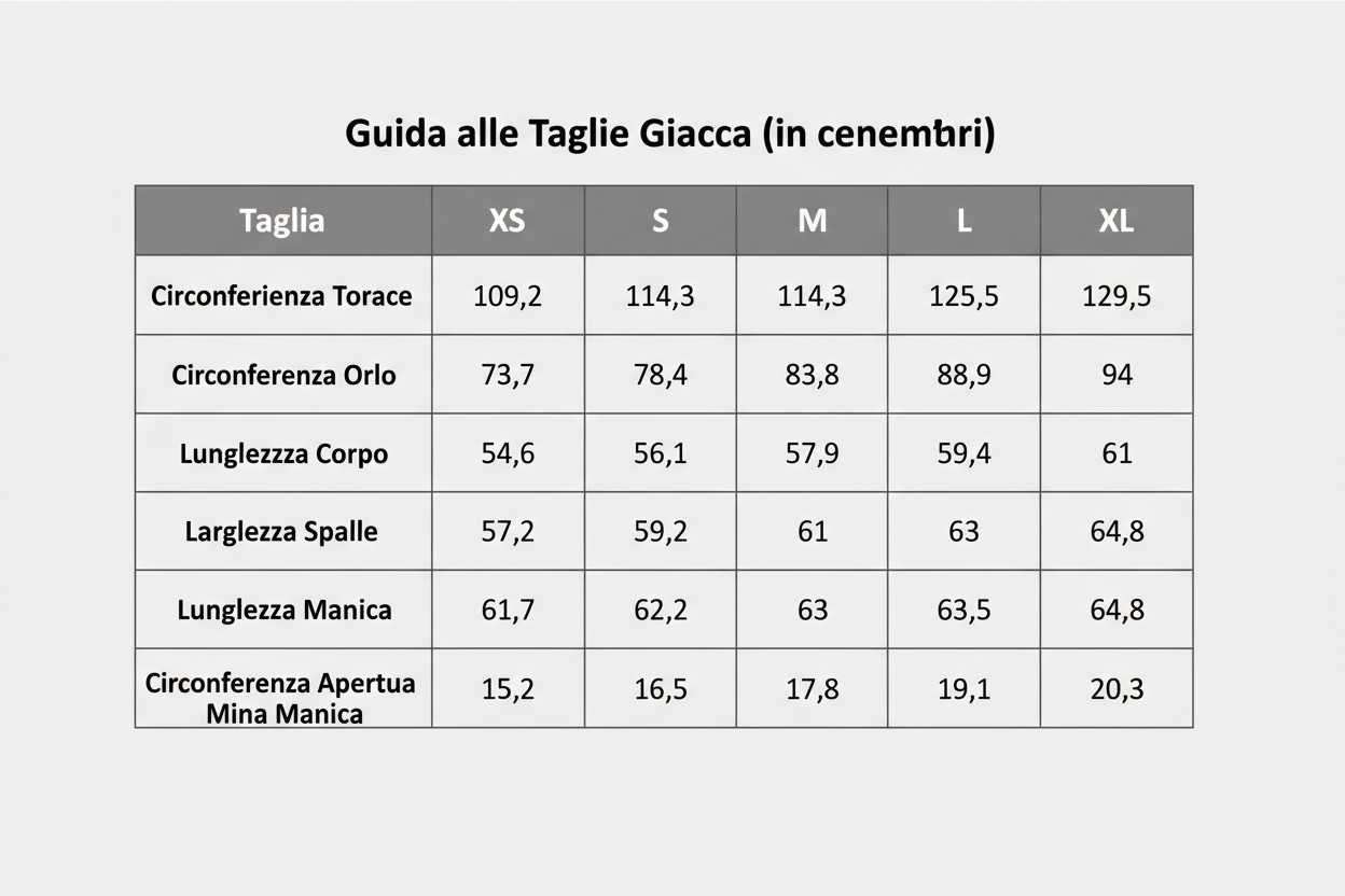 Guida alle Taglie Giacca (in centimetri)
Taglia	XS	S	M	L	XL
Circonferenza Torace	109,2	114,3	119,4	125,5	129,5
Circonferenza Orlo	73,7	78,4	83,8	88,9	94
Lunghezza Corpo	54,6	56,1	57,9	59,4	61
Larghezza Spalle	57,2	59,2	61	63	64,8
Lunghezza Manica	61,7	62,2	63	63,5	64,3
Circonferenza Apertura Manica	15,2	16,5	17,8	19,1	20,3