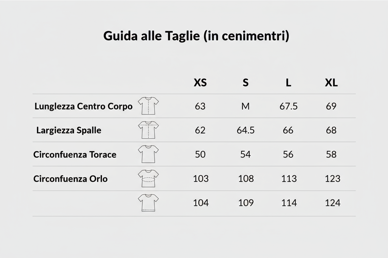 Guida alle Taglie (in centimetri)
Taglia	XS	S	M	L	XL
Lunghezza Centro Corpo	63	64,5	66	67,5	69
Larghezza Spalle	50	52	54	56	58
Circonferenza Torace	103	108	113	118	123
Circonferenza Orlo	104	109	114	119	124