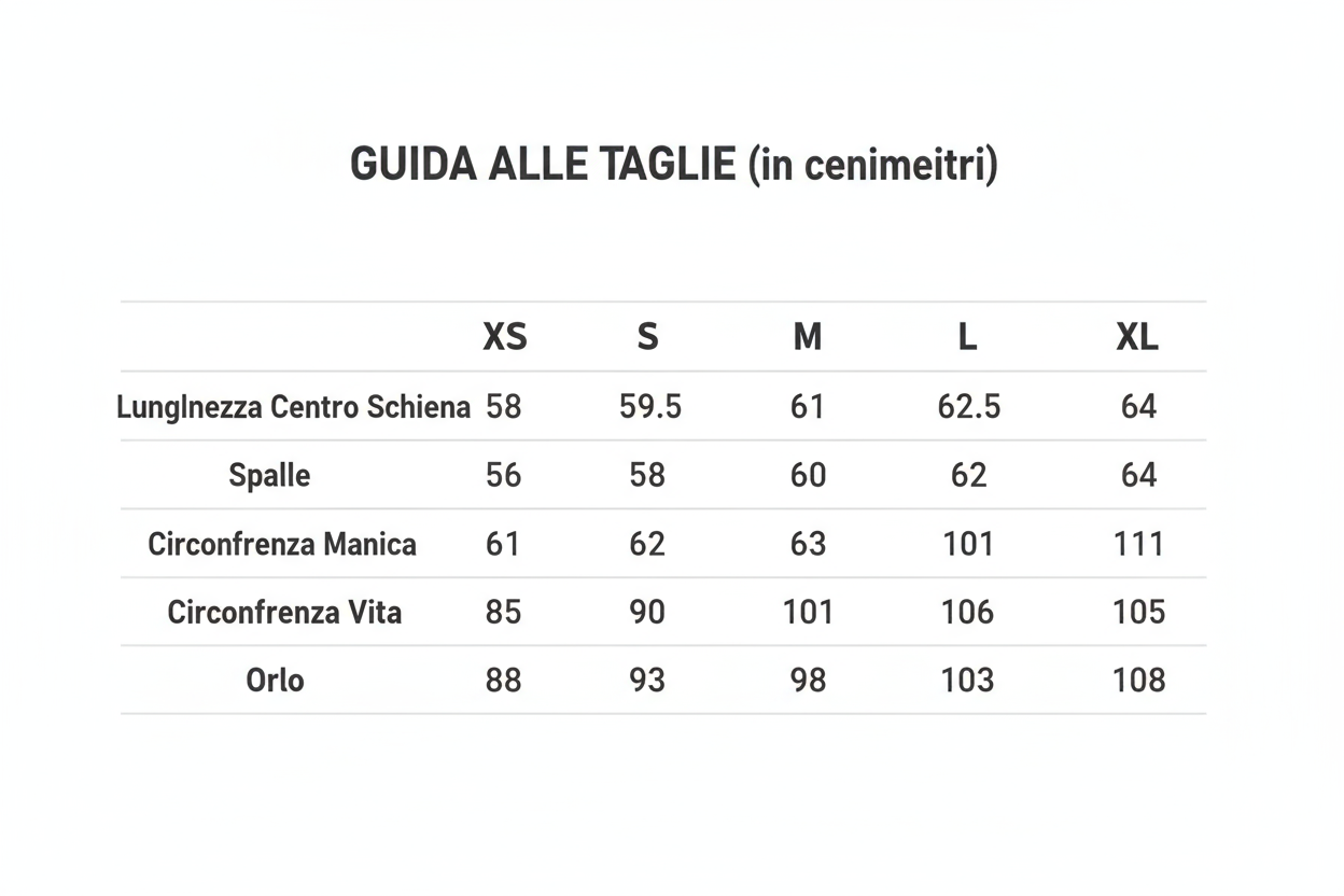 Guida alle Taglie (in centimetri)
Taglia	XS	S	M	L	XL
Lunghezza Centro Schiena	58	59,5	61	62,5	64
Spalle	56	58	60	62	64
Lunghezza Manica	61	62	63	64	65
Circonferenza Torace	91	96	101	106	111
Circonferenza Vita	85	90	95	100	105
Orlo	88	93	98	103	108