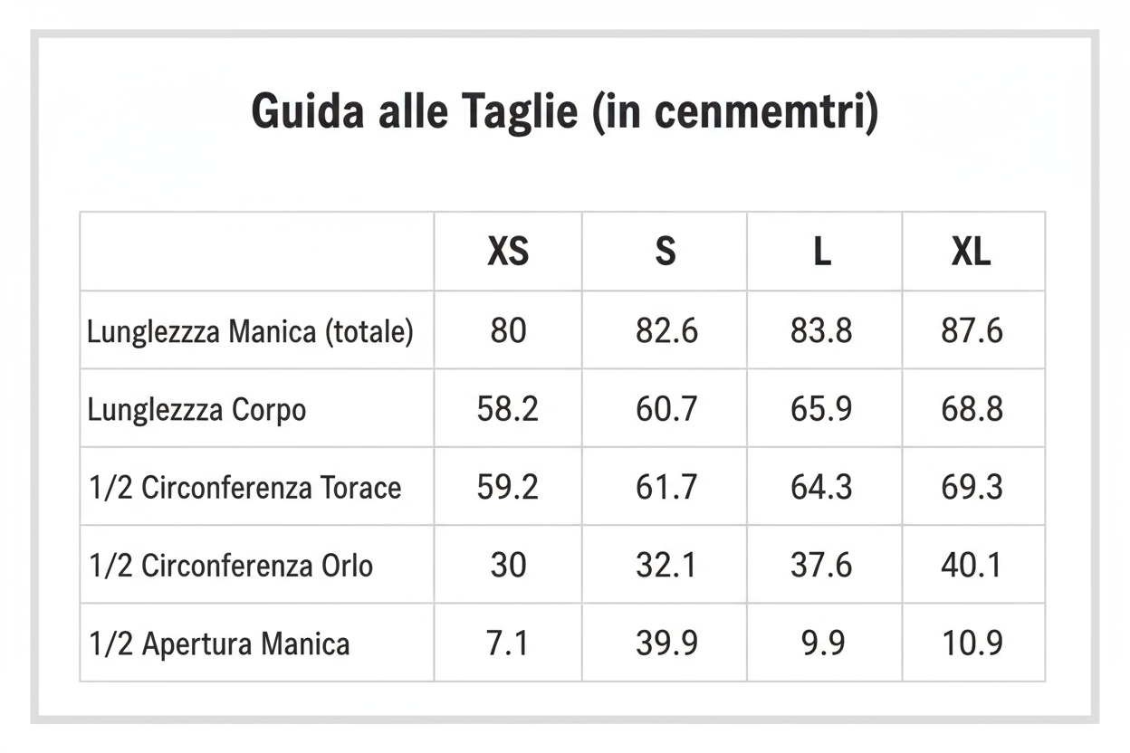 Guida alle Taglie (in centimetri)
Taglia	XS	S	M	L	XL
Lunghezza Manica (totale)	80	82,6	83,8	85,9	87,6
Lunghezza Corpo	58,2	60,7	63,3	65,8	68,3
1/2 Circonferenza Torace	59,2	61,7	64,3	66,8	69,3
1/2 Circonferenza Orlo	30	32,5	35,1	37,6	40,1
1/2 Apertura Manica	7,1	7,9	8,9	9,9	10,9