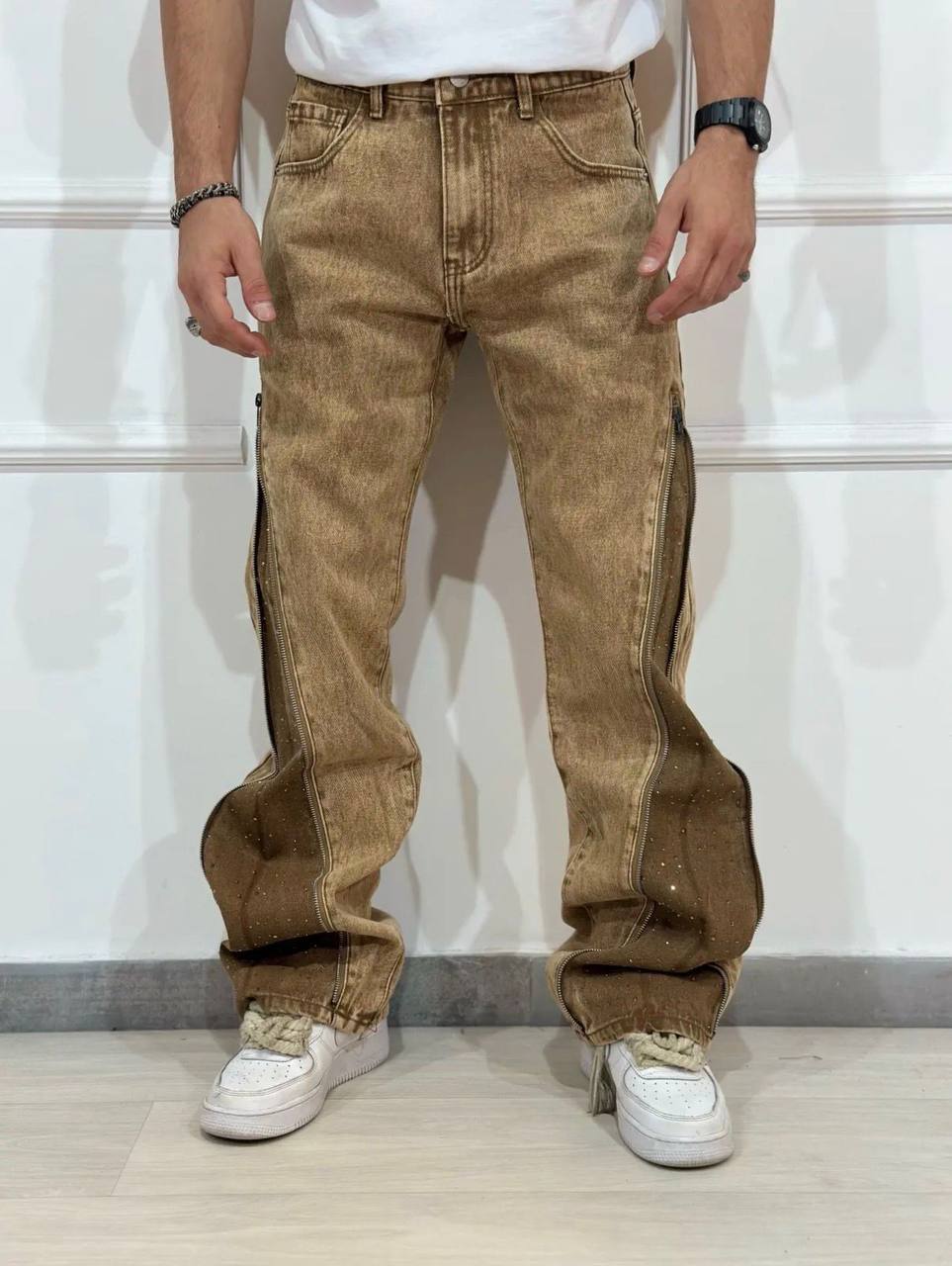 Jeans Beige Vintage con Zip e Strass