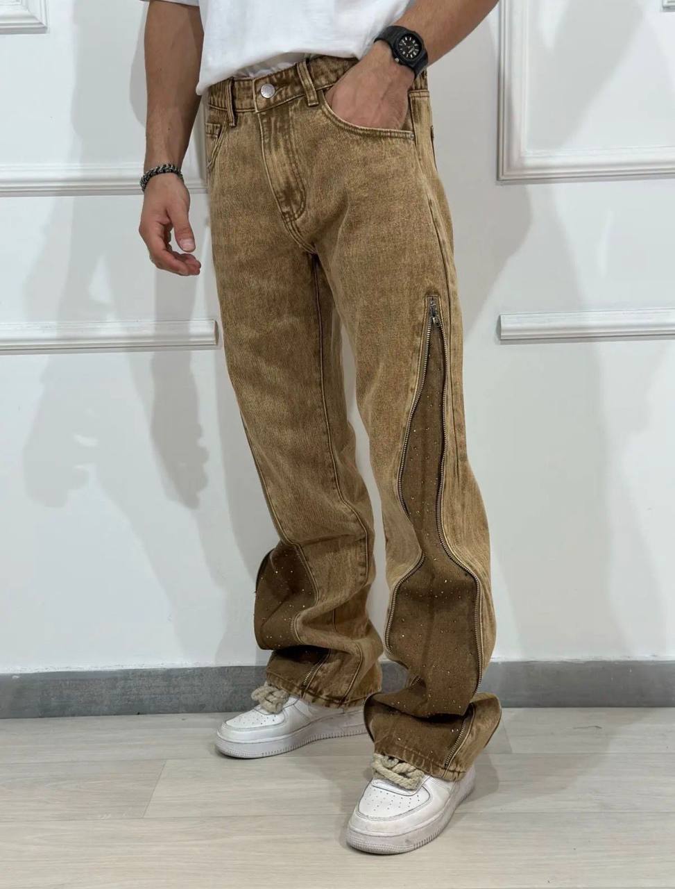 Jeans Beige Vintage con Zip e Strass