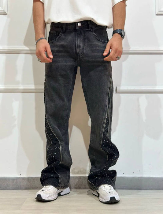 Jeans Denim Nero con Zip e Strass