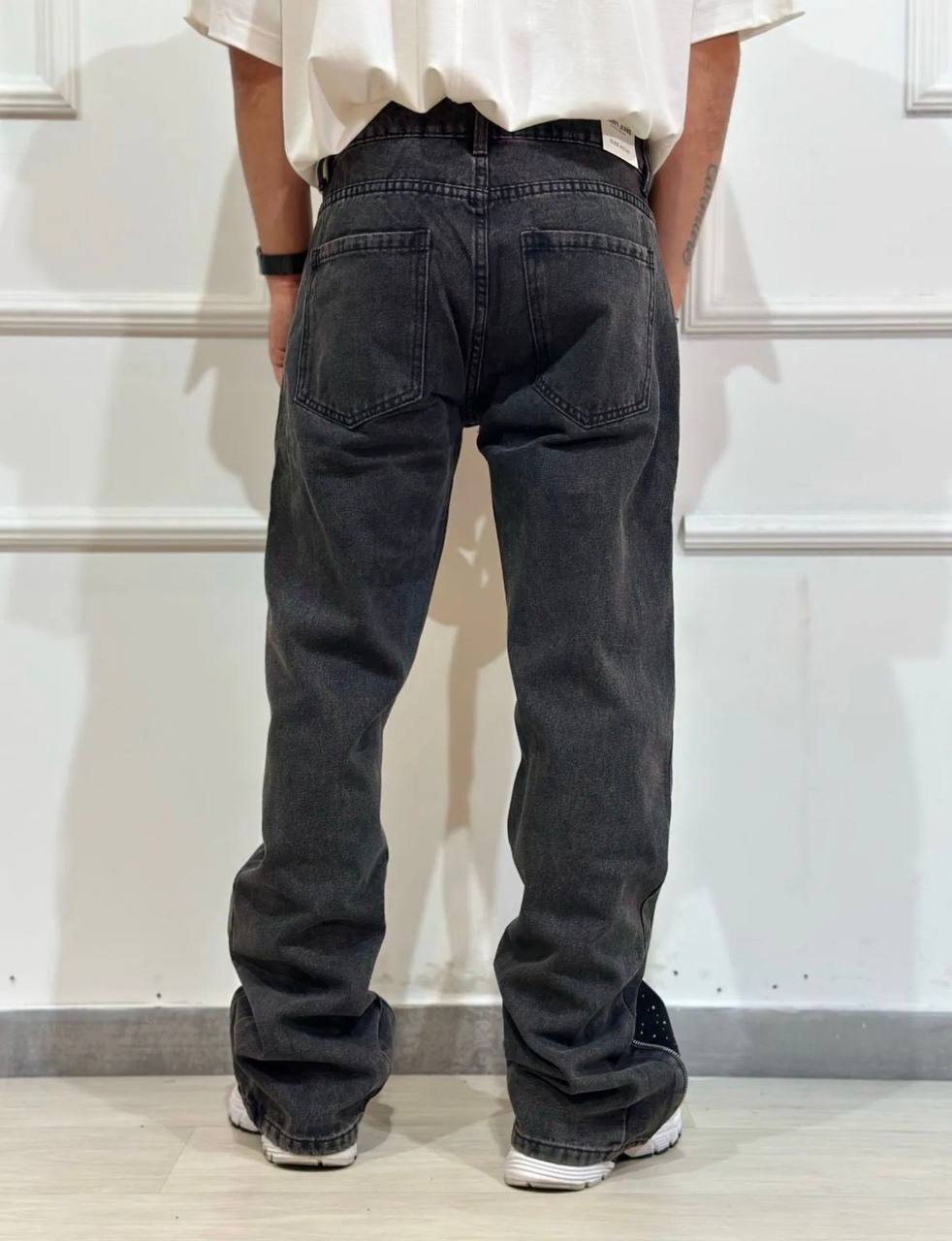 Jeans Denim Nero con Zip e Strass