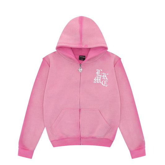 Distressed Zip Hoodie Pink
